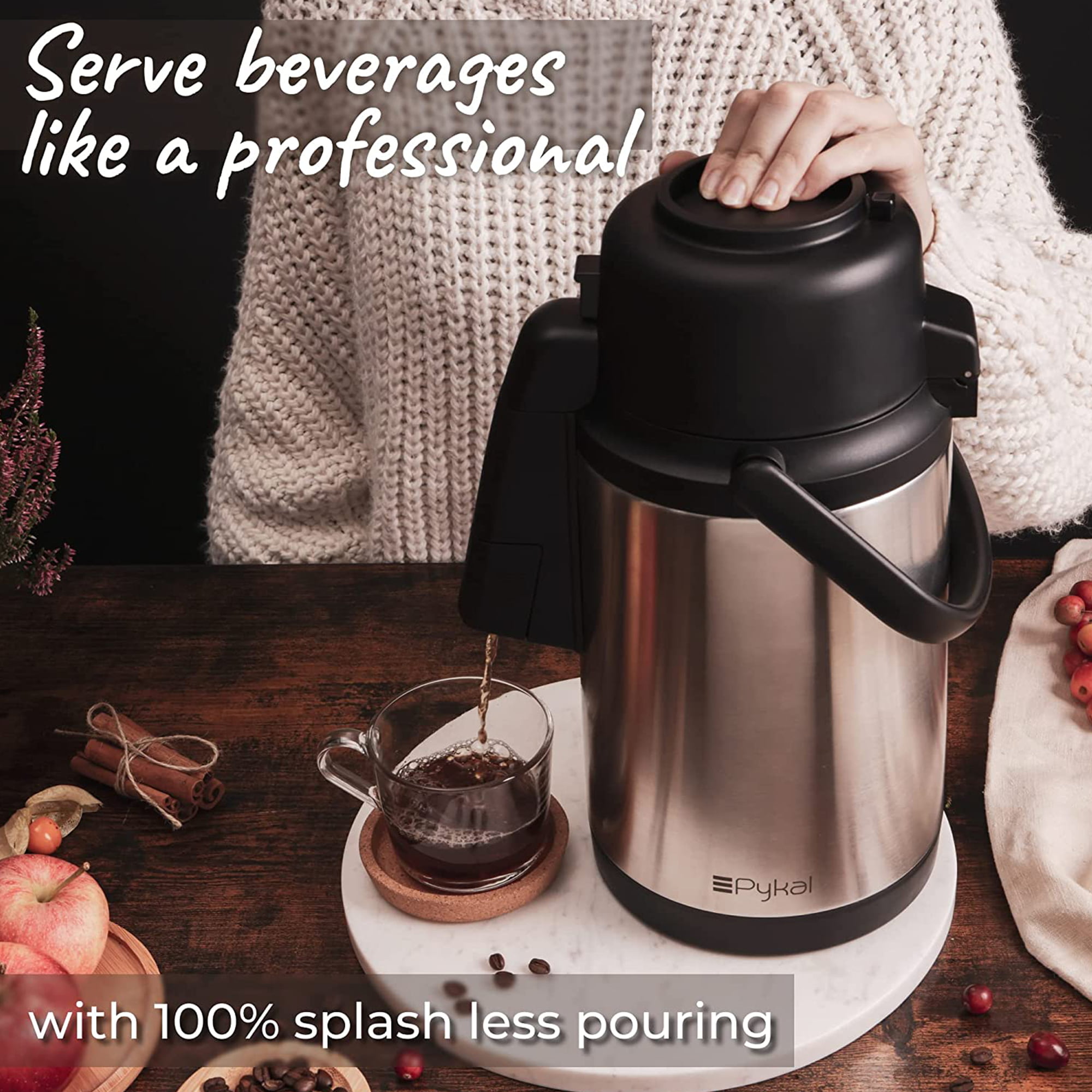 Pykal 68-oz Thermal Coffee Carafe Insulated Drink Dispenser with Free Brush, Size: 68oz, Silver