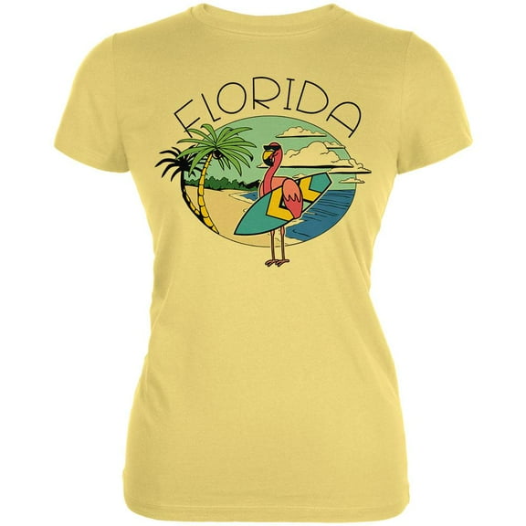 Florida Flamingo Summer Beach Juniors Soft T Shirt Yellow X-LG