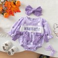 thumbnail image 2 of KPOPLK Newborn Baby Girl Fall Outfit Letter Print Long Sleeve Jumpsuit Bubble Romper Infant Clothing Set with Headband(6-9 Months,Purple), 2 of 9