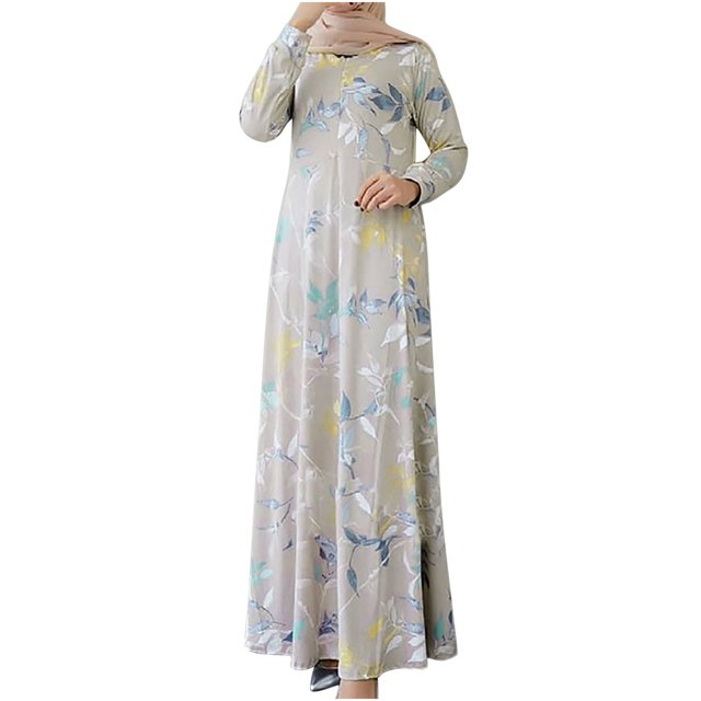 Robe Maxi d'Automne pour Femmes Manches Longues Plissée Fluide Col Rond Imprimé Tendance Décontractée Ample Vacances