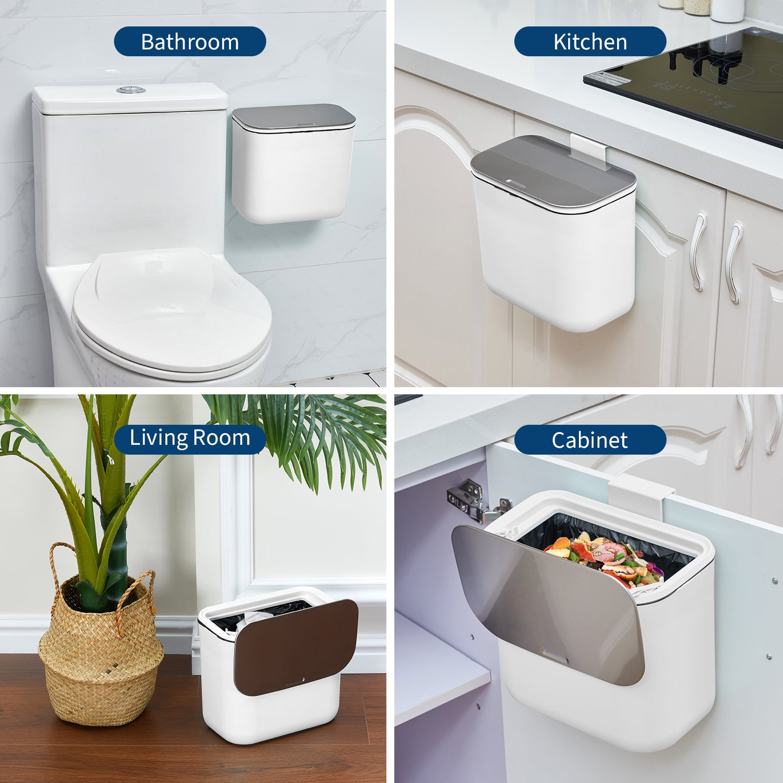 1.8 Gallon Kitchen Hanging Small Trash Can with Stainless Steel Lid, Odor-Free Compost Bin, Space-Saving Garbage Can for Cabinet, Under Sink, RV, Bathroom, White
