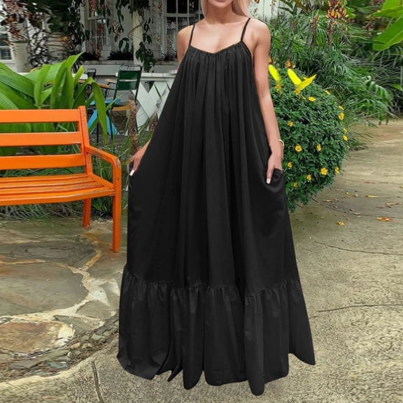 ZHOGXU Women's Dress Sleeveless Suspender Solid Color Backless Swing Fashion Comfortable Elegant Dresses For Casual Daily Wear,Black,L