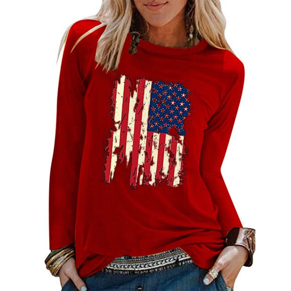 Jindong American Flag Casual Sweatshirt Women's Patriotic Crew Neck Long Sleeve Lettering Print Cute USA Tops 4th Of July Shirt