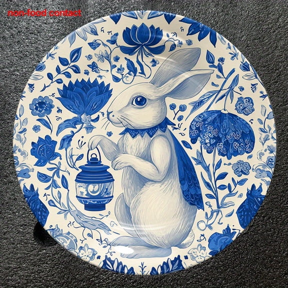 HELLOYOUNG Otterix 8 Inch Blue White Rabbit Floral Round Wall Plate, Ceramic Art Home Decor, Jewelry Display Gift