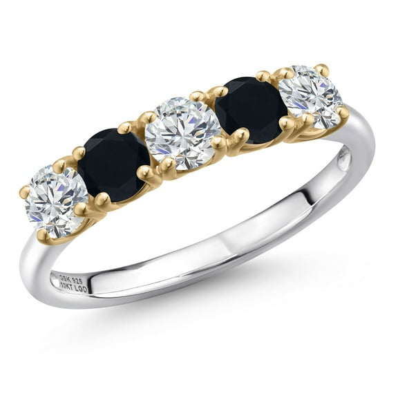 Gem Stone King 925 Silver and 10K Yellow Gold Lab Grown Diamond and Black Onyx Wedding-Bands Ring for Women | 1.25 Cttw | Round 4MM | Gemstone April Birthstone | Size 9