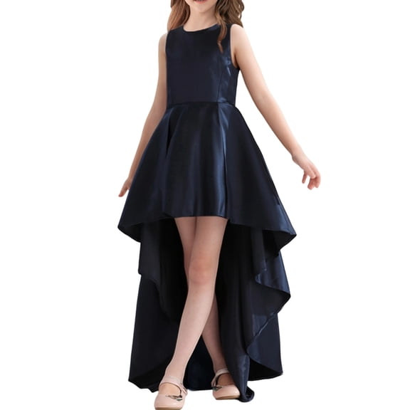 JAJAHO Girls Satin Dresses Spaghetti Strap High-Low Maxi Ball Gown Wedding Formal Party Prom Wear For Kids Teens 8-16Y