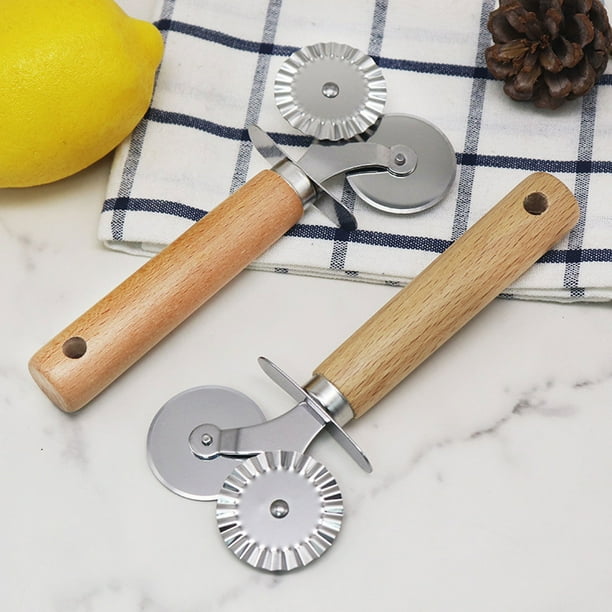 Cortador de pizza de acero inoxidable con mango de madera, cortador de rodillo de doble cabezal, cortador de obleas para PIZZA, cortador de rueda de pizza recto con encaje, cuchillo de rueda para pizz