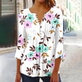 thumbnail image 2 of Pompotops Tunique Décontractée à Manches 3/4 Imprimée Florale Col en V pour Femmes Chemises Basiques d'Été Blouse Plissée Liquidation, 2 of 5