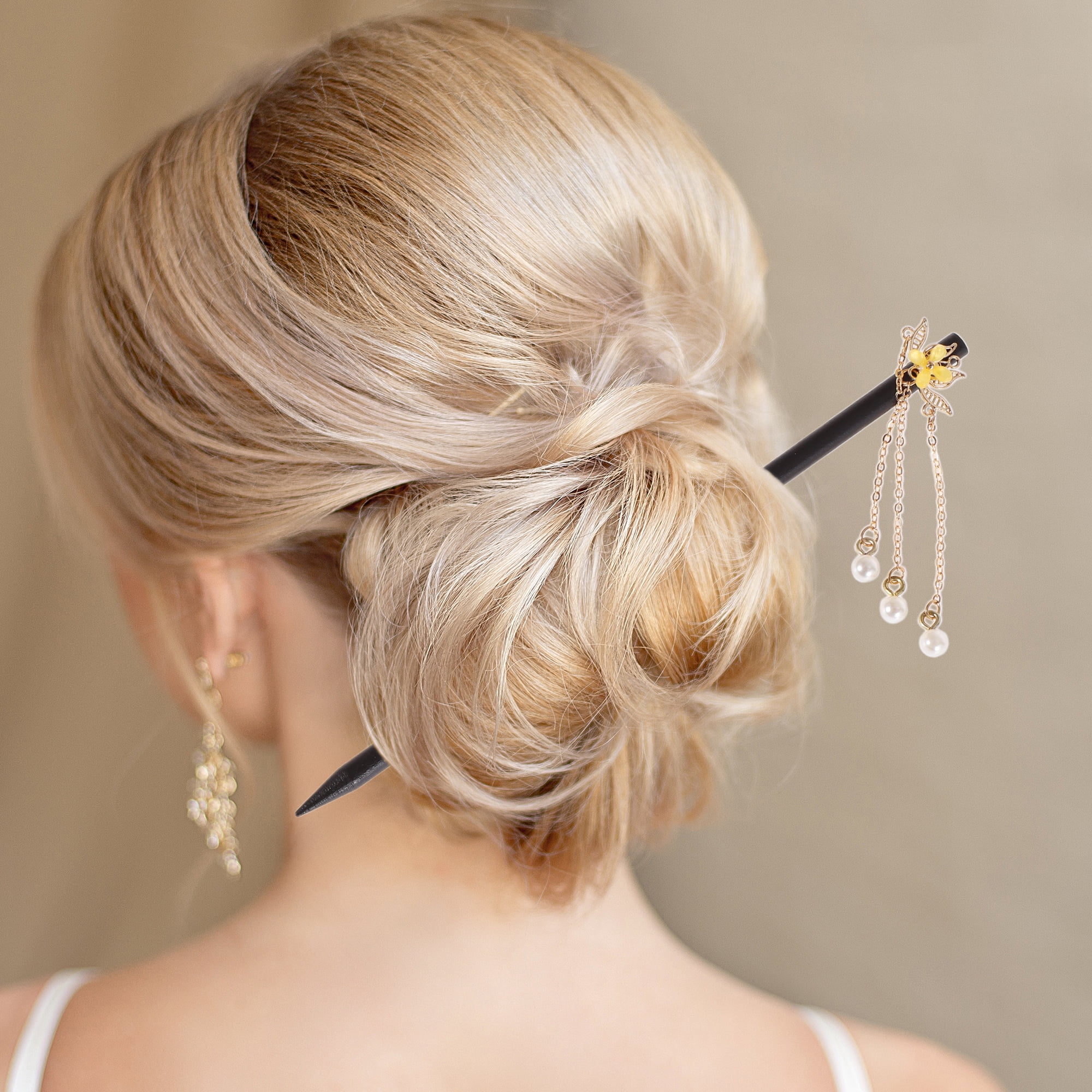 Unique Bargains Hair Chopstick for Women Black Yellow 1 Pc [Three Beads Tassel]