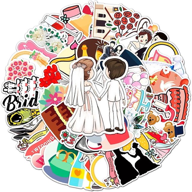 Wedding Stickers (50 Pcs), Waterproof Vinyl Sticker Pack Perfect for Scrapbooking, Planner Label, Water Bottle, Laptop