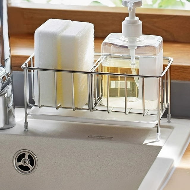 Organizador de Fregadero Ajustable, Cesta de Acero Inoxidable con Bandeja Extraíble, Portaesponjas y Trapo, Almacenamiento para Jabón de Platos, 22 x 9 x 8.5 cm para Encimera