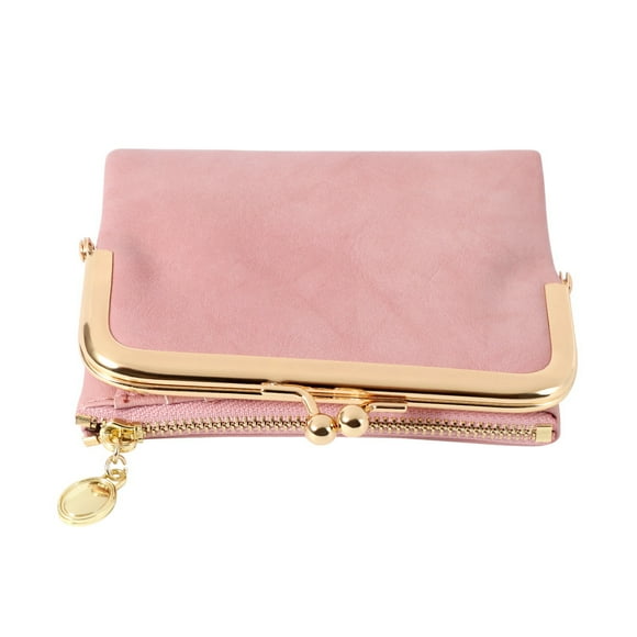 Women's Short Wallet Bifold Retro Multifunction Coin Purse with Zip and Kiss Lock Pink