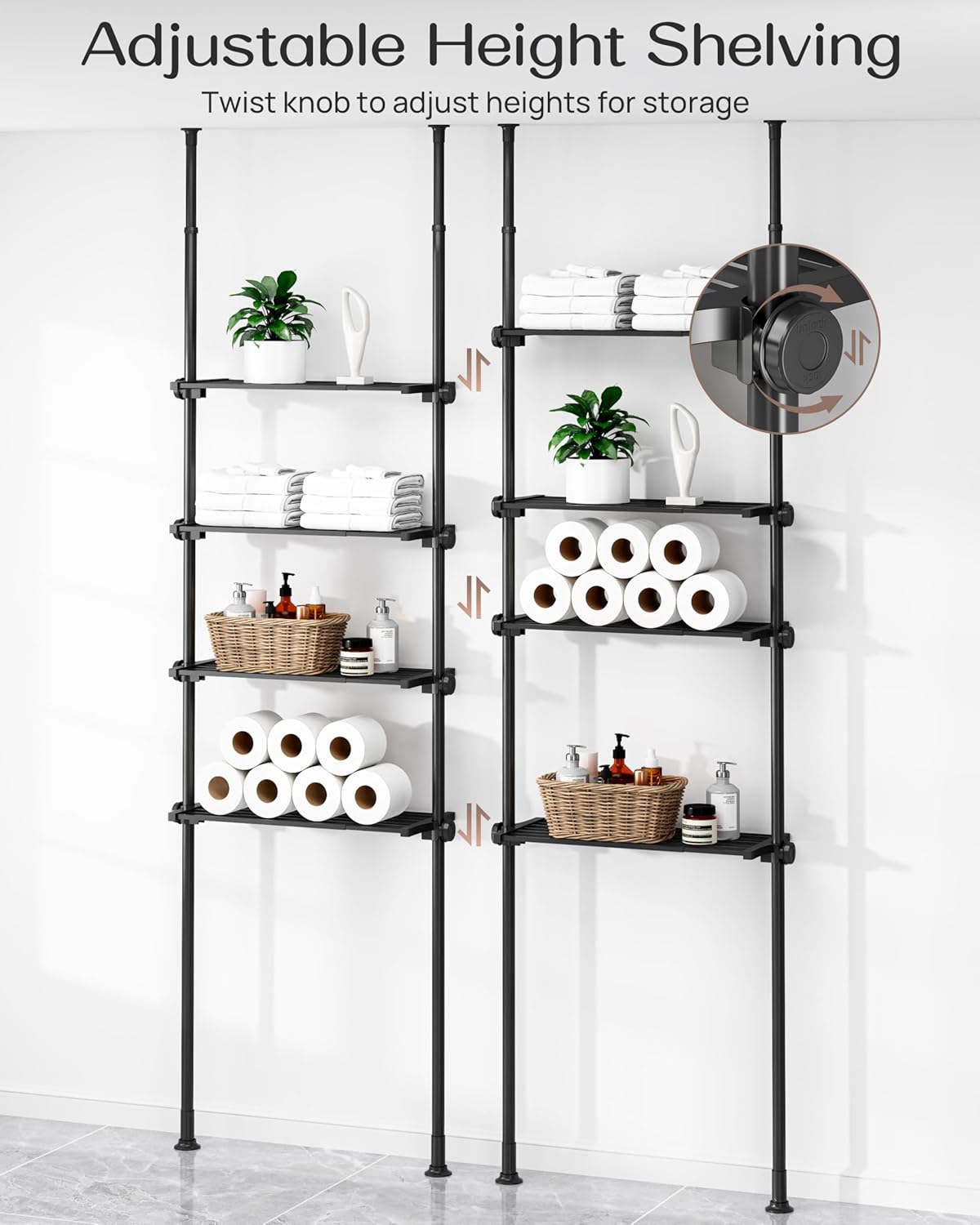 Adjustable Over The Toilet Storage Shelf, 4-Tier Ample Over Toilet Bathroom Organizer and Storage,Tension Mounted Above Toilet Storage Cabinet for Versatility, Fits 64-113 Inch Heights, White