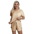 thumbnail image 2 of DAKIMOE Womens Silk Stain Pajamas Set Short Sleeve Soft Sleepwear Top With Shorts Set PJ Loungewear, Champagne, L, 2 of 7