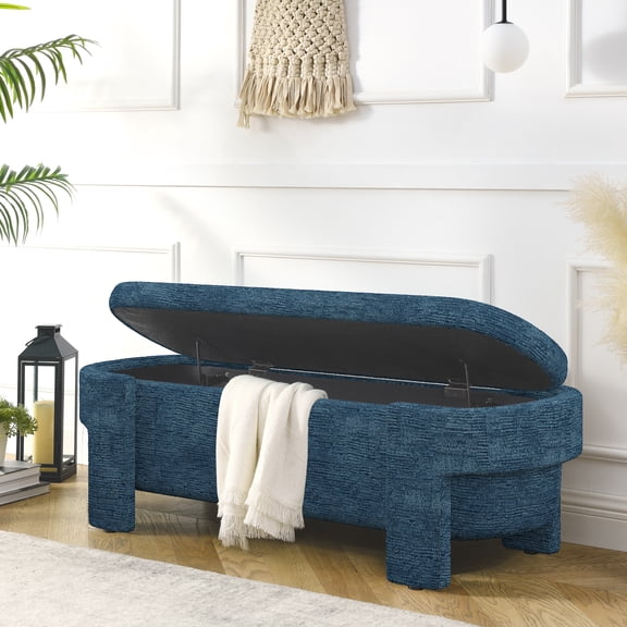 51" Linen Ottoman Bench with Large Storage Space, Upholstered Seating Foot Rest Stool Furniture for Bedroom, Living Room, Entryway, Dark Blue