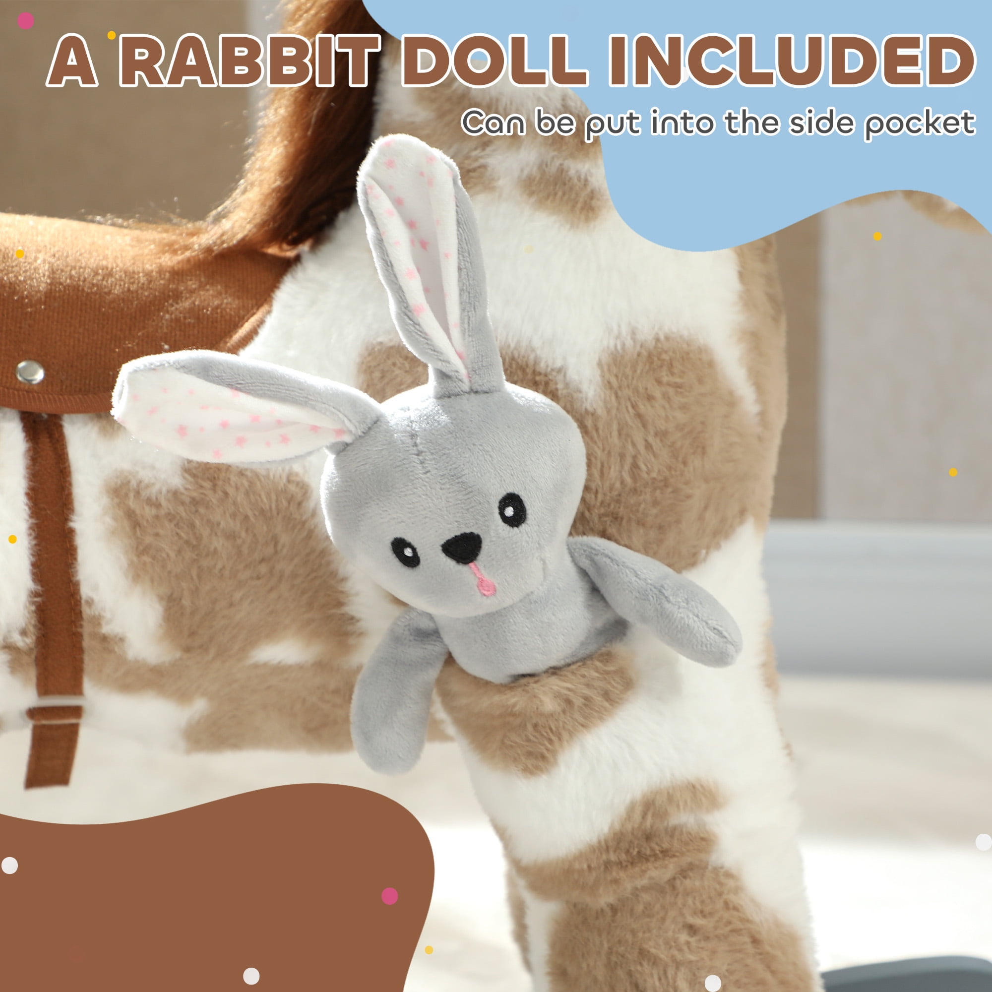 Rocking Horse, Kids Plush Animal Rocker with Realistic Neigh for Toddlers, Soft Filling Ride on Horse with Rabbit Toy, Brown