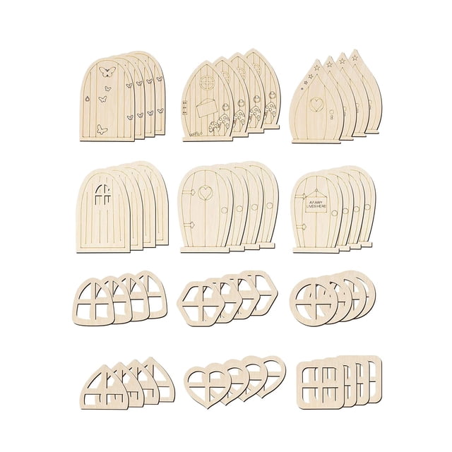 koolsoo 48 Pieces Wooden Fairy Door Window DIY 12 Patterns Unpainted Wooden Pieces Blank Rural