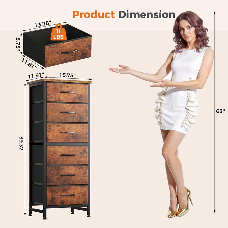 Kelno 6 Drawer Fabric Dresser Steel Frame Storage Chest Organizer with Wood Top, Rustic Brown