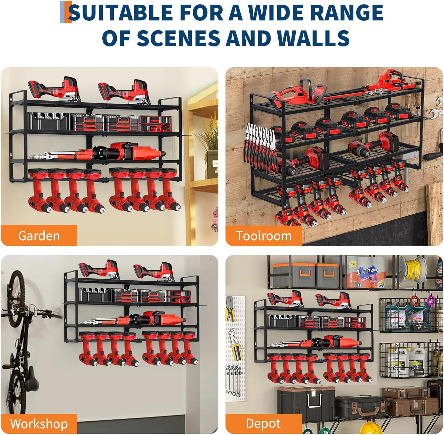 Power Tool Organizer, Drill Holder Wall Mount, Heavy Duty 4-Layer Drill Storage Shelf Loads 400Lbs, 8 Drill Holders and Drill Bit Rack, Utility Power Tool Storage for Garage Workbench