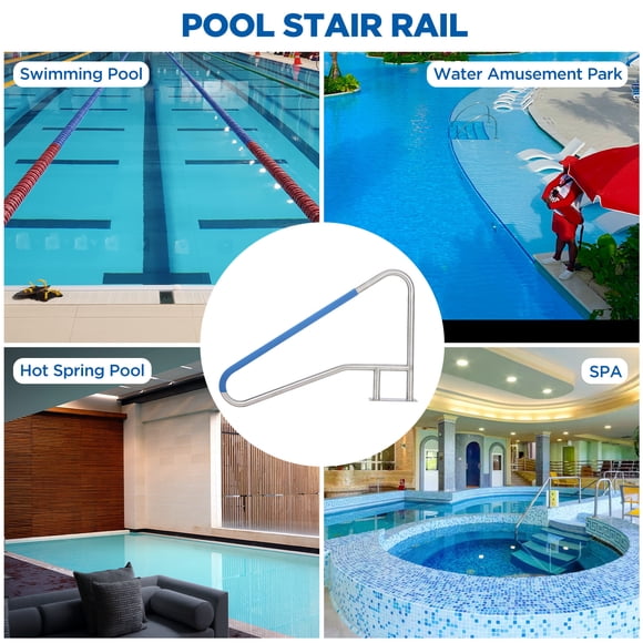 Edtara Rambarde de Piscine en Acier Inoxydable 304 Antirouille, Fini Argenté avec Housse à Prise Bleue, Main Courante Ergonomique et Ergonomique pour Marches et Bord de Piscine