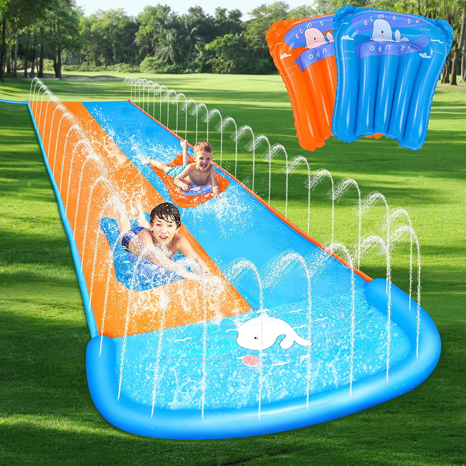 Aromonde Water Slide Lawn Waterslide Double Lane Slip for Backyards 18Ft Durable Quality PVC Water Toy Waterslide with Sprinkler Gift for Kids Boys Girls Outdoor Summer Toy 2021 Style Fruit Pattern 