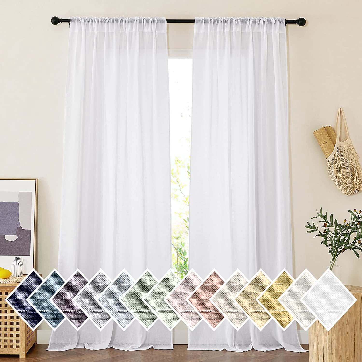 JL Sheer Linen Curtains for Living Room, Rod Pocket & Back Tab Semi Sheer Drapes Privacy Semitransparent Faux Flax Open Linen Panels for Study Room, W52 x L95, White, 1 Pair