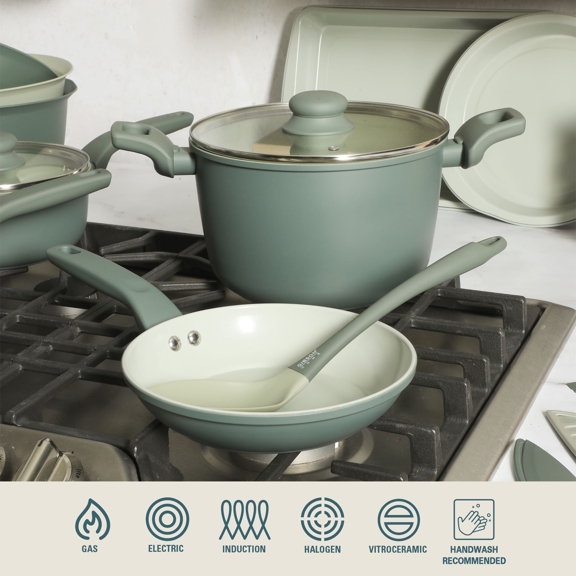 Gibson Home Barnsdall 78-Piece Non-Stick Aluminum Cookware Set, Pots and Pans with Bakeware & Utensils, Green
