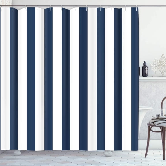 Navy Blue and White Shower Curtain for Bathroom, Striped Bath Curtain Waterproof Polyester Fabric Fashion Bath Decor 72 x 72 Inches Set with Hooks