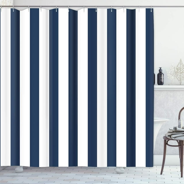 Rideau de Douche Graphique à Rayures Bleu Marine et Blanc Classique, Tissu Polyester Imperméable Moderne, Décor Élégant et Durable pour Toute Salle de Bain, Comprend des Crochets (72"x72)