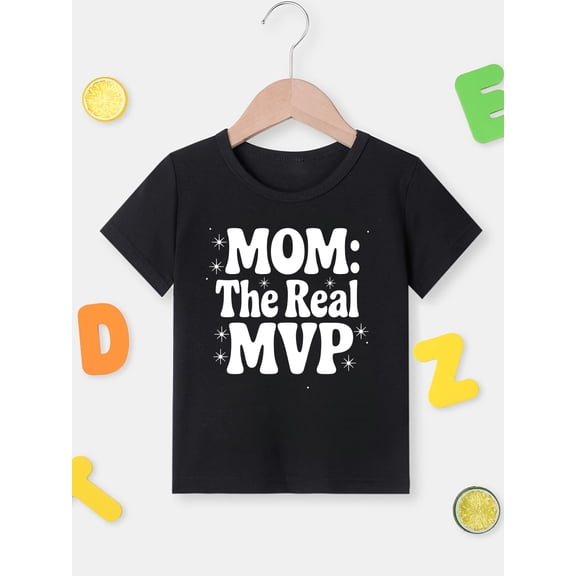 MAWOTEA MOM THE REAL MVP Pattern T-shirt for Kids, Funny Mother's Day Theme T-shirt, Size 5Year-13Year