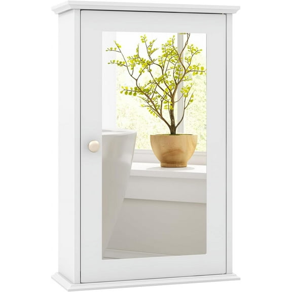 SZWS Bathroom Medicine Cabinet with Mirror, Wall Mounted Single Mirror Door Storage Cabinet w/Adjustable Shelf, Wall Cabinet w/Reversible Door for Bathroom Living Room Hallway (White)