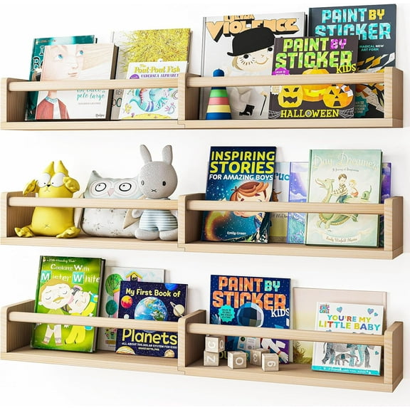 Nursery Bookshelves, 32in Floating Bookshelves for Wall Set of 3, Wood Wall Mounted Floating Shelves for Baby Nursery Decor and Toys Storage (Natural Wood)