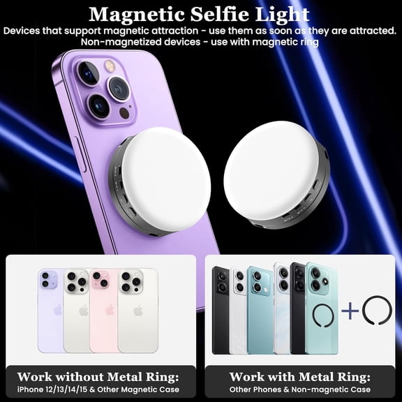 LMUMN-Magnetic Selfie Light, Metal-Shell Ring Light, Rechargeable,Portable Phone Light for Phone & iPhone,LED Fill Light for Photography,Video,Makeup,TikTok,Vlog