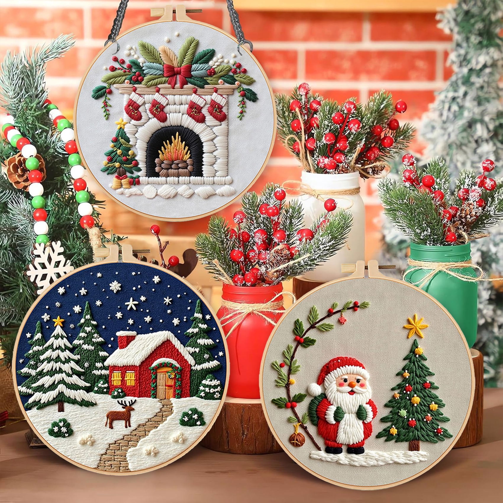 HVEST 4 Pack Christmas Embroidery Kit for Beginners - Santa Claus with Embroidery Pattern, Hoop, Complete Cross Stitch Supplies (Needle/Threads/Scissors) DIY Craft for Adults Sewing Hobby