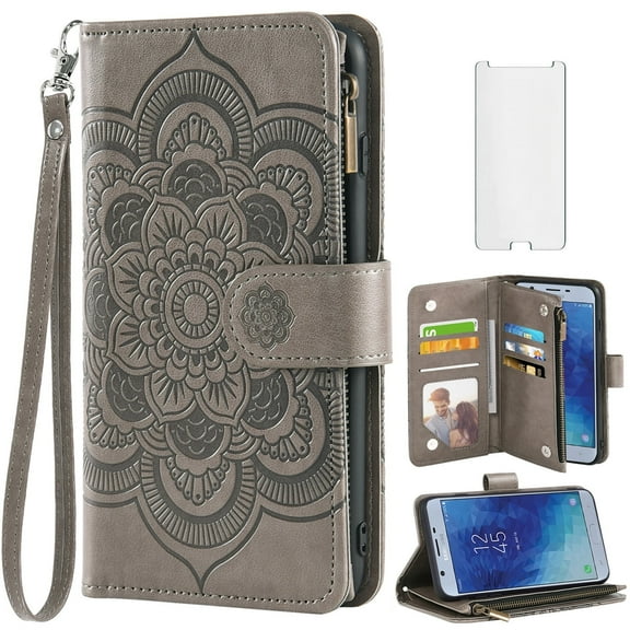 Compatible with Samsung Galaxy J7 Star J 7 Crown 7J Refine 2018 Wallet Phone Case and Tempered Glass Screen Protector Flower Faux Leather Flip Credit Card Holder Stand Zipper Cell Cover for Grey