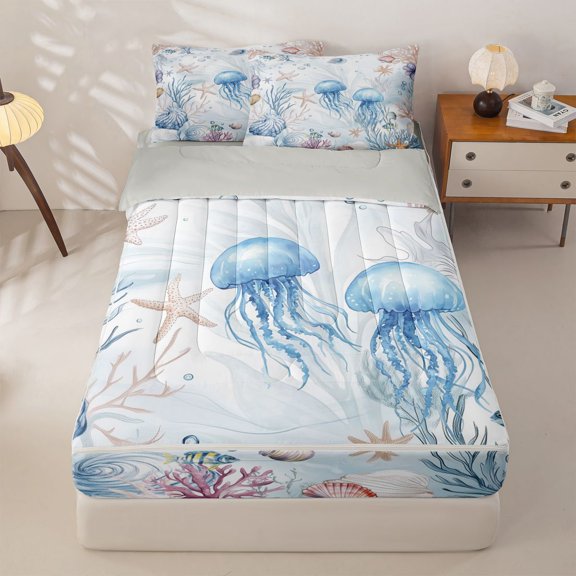 Homewish Watercolor Ocean Coral Zipper Twin Comforter Sets with Fitted Sheet and 2 Pillowcases,Wild Jellyfish Starfish Zipper Bedding Set For Girls Kids,Reversible,4-Piece