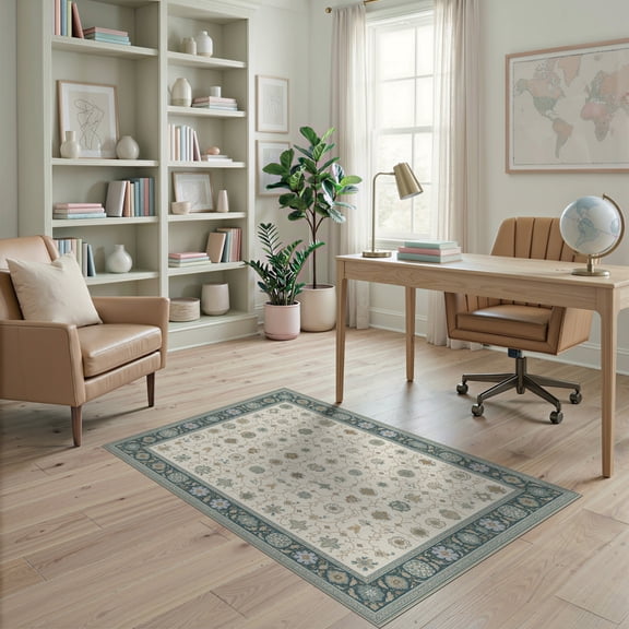 ODIKA 4'x6' Ivory Sage Traditional Medallion Washable Area Rug Classic Geometric Floral Motifs Vintage Decorative Design for Dorm Room, Small Living Stain Resistant Low Profile, Easy Care