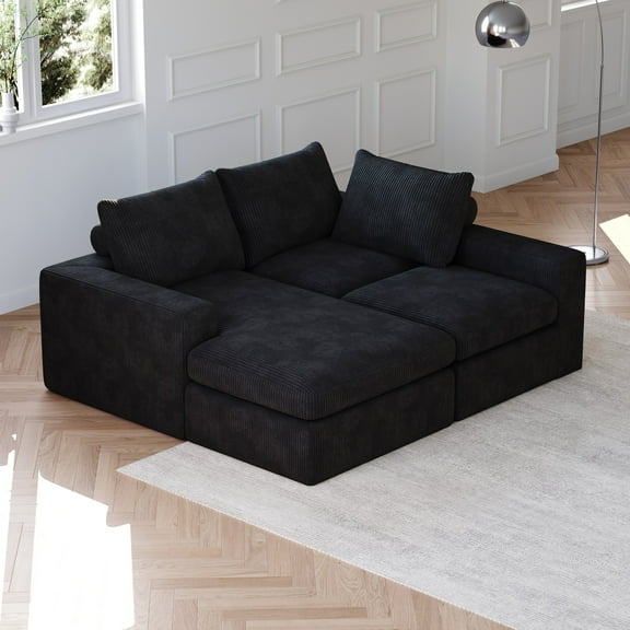 99-Inch Boneless Couch with Chaise, L-Shaped Modern Upholstered Sectional Sofa with Three Pillows, Corduroy Sectional Sofa for Living Room and Bedroom, No Assembly Required (Black)