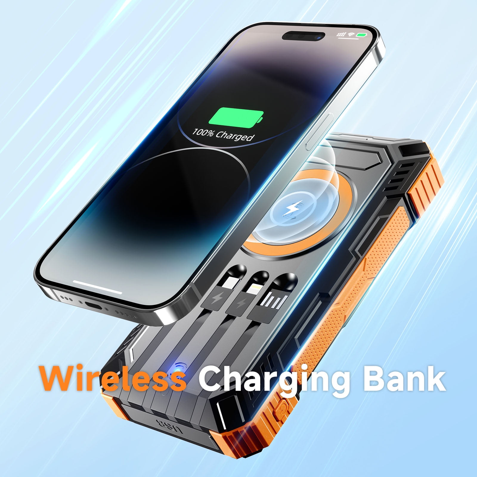 Solar Charger Power Bank 49800mAh 22.5W Portable Charger, 15W Wireless Charging QC 3.0 Fast Charging with LED Flashlight, Built-in 4 Cables