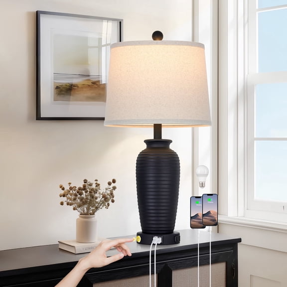 Cinkeda 25" Touch Control Table Lamp, Black Sand-Textured Resin Body with Oatmeal Linen Shade, USB-C & AC Outlet, 3-Level Dimmable, Dimmable LED Bulb Included for Bedroom
