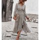 thumbnail image 4 of Vestido floral envuelto en la cintura correa de swing completo manga larga casual vestido de una pieza para mujer caqui XL, 4 of 8