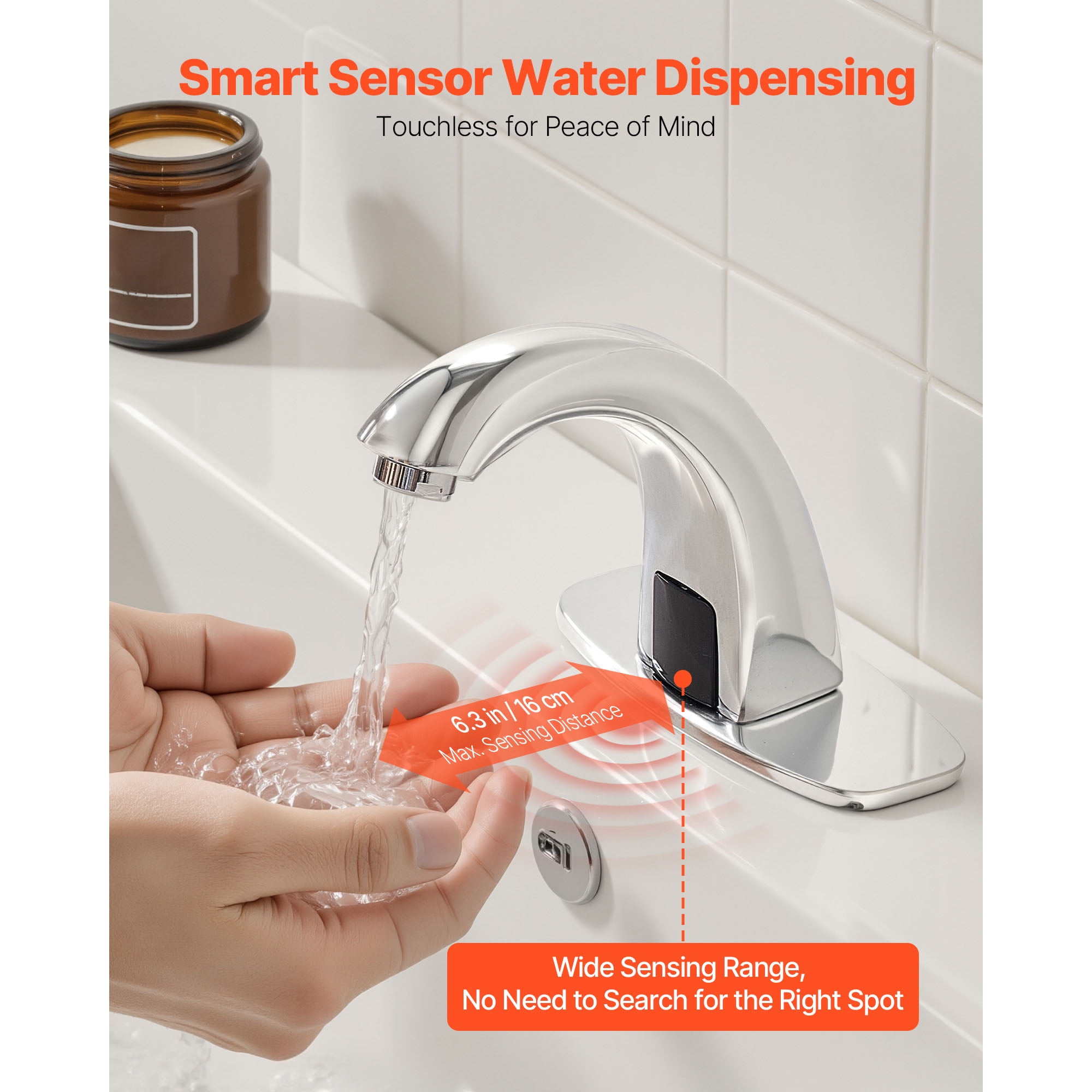 KFFKFF Touchless Bathroom Sink Faucet with Motion Sensor, Automatic Restroom Faucet with Hole Cover Plate, Battery Powered, Adjustable Temperature for 9/16 in Pipe, Chrome Finish
