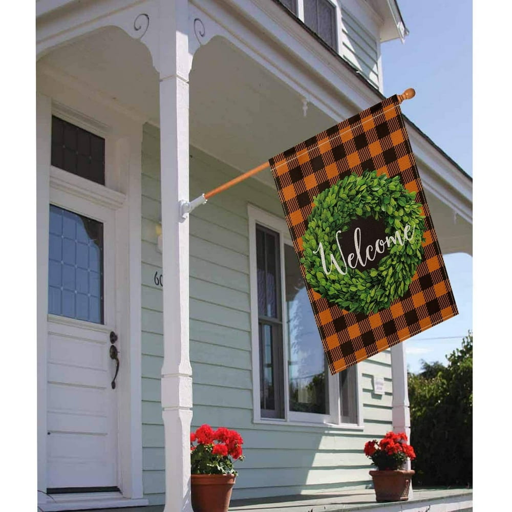 Boxwood Wreath Fall House Flag Vertical Double Sided Christmas