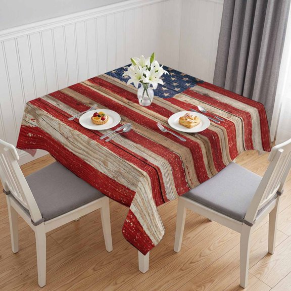 Retro American Flag Table Cloth Waterproof Tablecloths, Vintage USA Flag Red Blue Wooden Tablecloth Dining Table Cover for Kitchen Party Tabletop Outdoor, Square Tablecloth 54x54 Inch