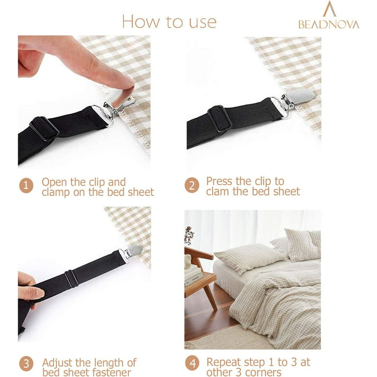 BBDOU Bed Sheet Clips Straps Sheet Holder Mattress Clips, 4 Pcs Adjustable  Elastic Bed Sheet Grippers Straps Suspender Fasteners Holder