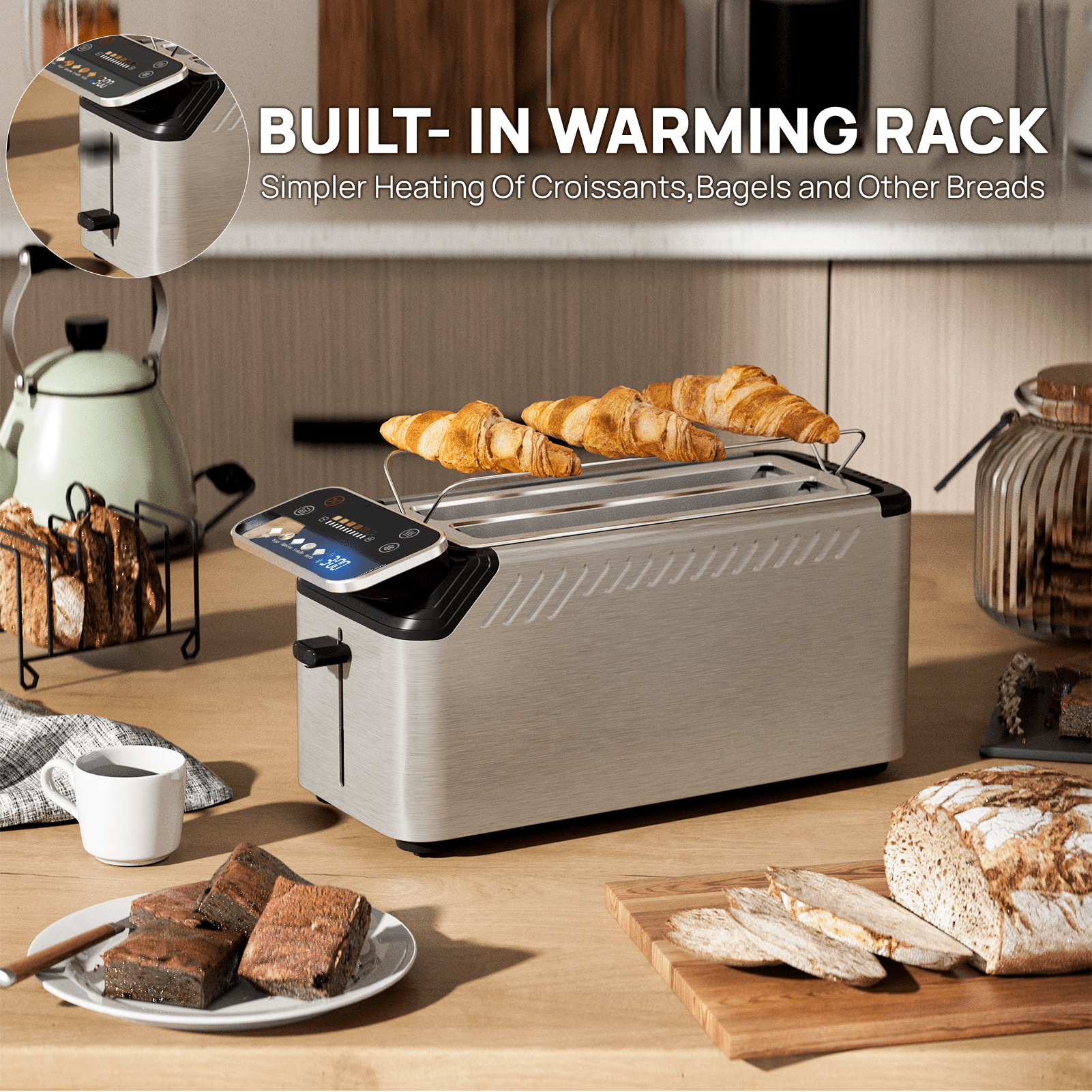 WHALL 4 Slice Toaster, TouchScreen Toasters with Projection Display, Long Extra Slots, Bagle / Reheat/Defrost Stainless Steel