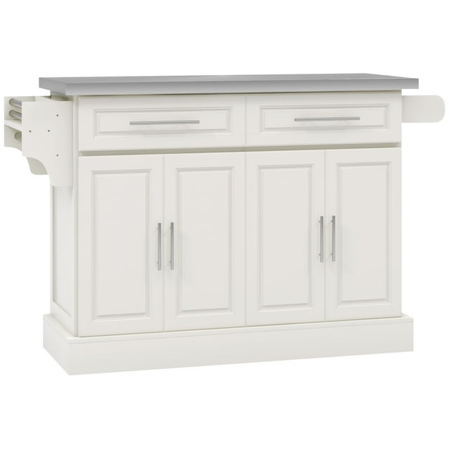 HOMCOM Rolling Kitchen Island with Storage and Stainless Steel Top, Kitchen Trolley with Drawers, Cabinets, Towel Rack, Cream
