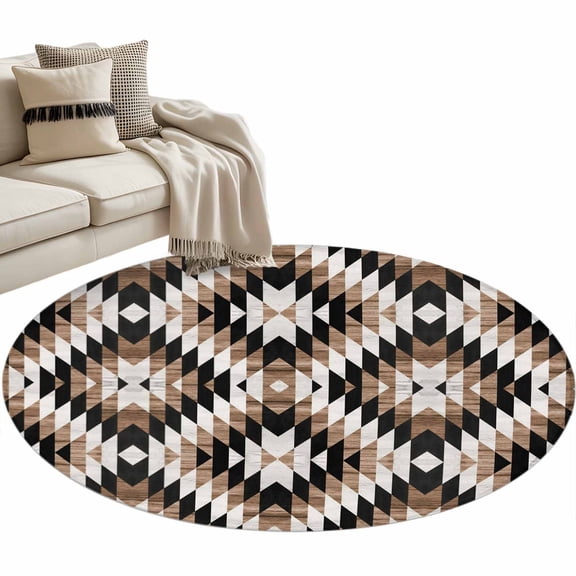 Brown Aztecs Round Area Rug 4 FT, Non Slip Indoor Outdoor Rug, Abstract Southwest Geometric Vintage Tribal Washable Soft Circular Carpet Non-Shedding Floor Mat for Coffee Table Nursery Foyer Balcony