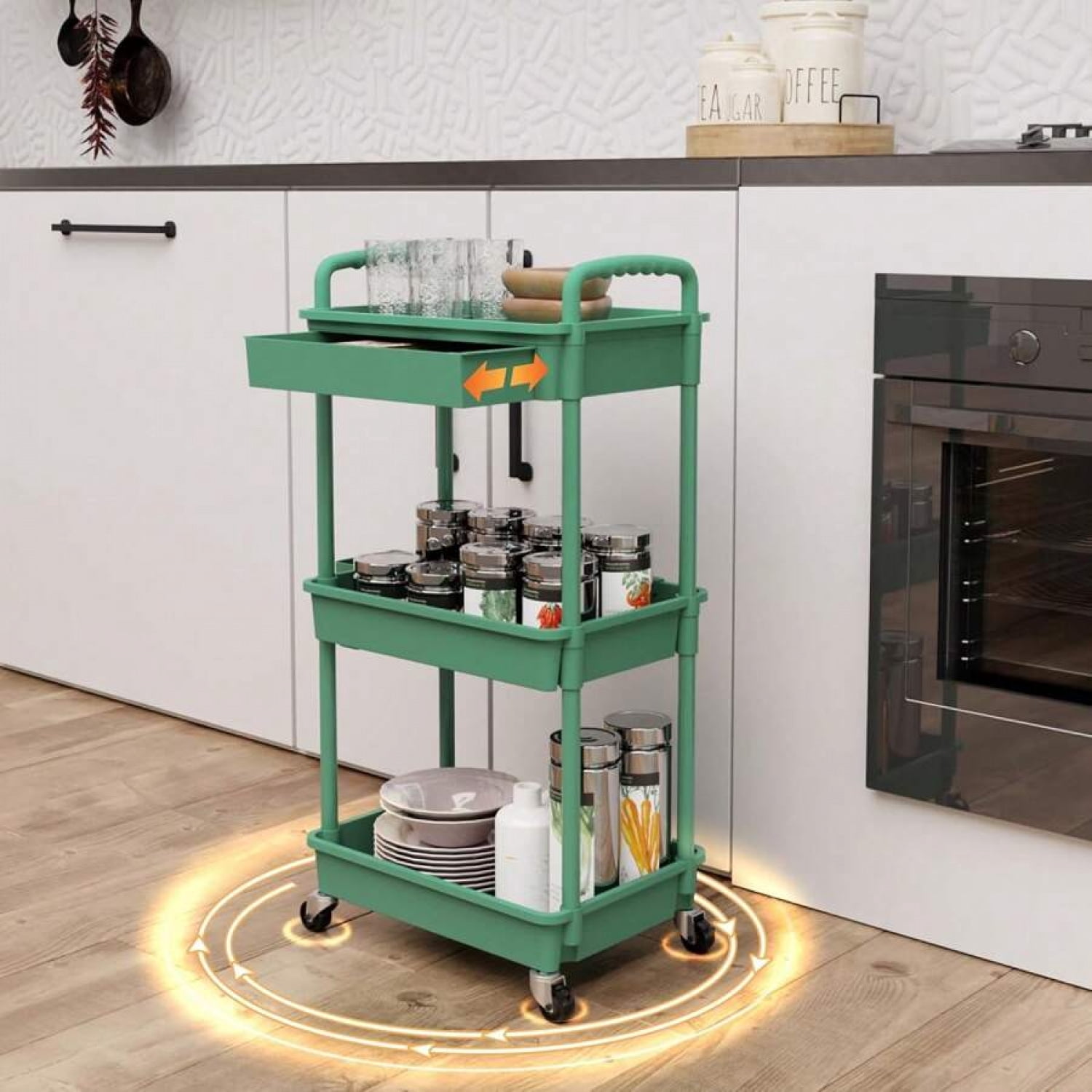 NTGFU 3 Tier Rolling Storage Cart with Drawers Rolling Utility Cart with Drawers,Room Decor,Bathroom Decor,Rolling Utility Cart Rolling Storage Organizer Tool for Kitchen,Green