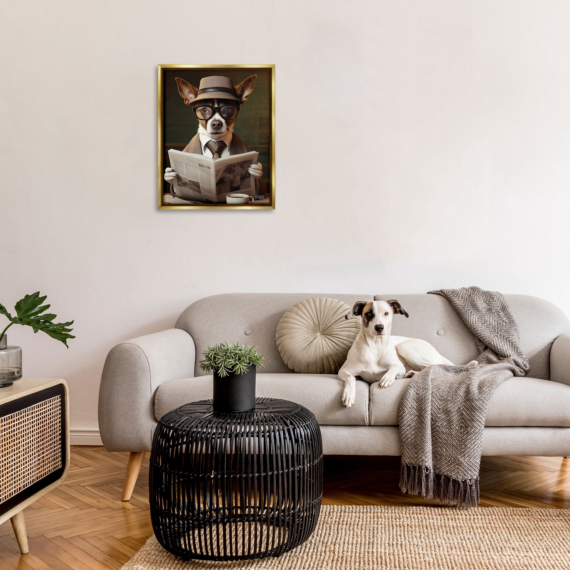 Stupell Industries Classy Dog with Newspaper Animals & Insects Painting Gold Floater Framed Canvas Art Print Wall Art, 25 x 31